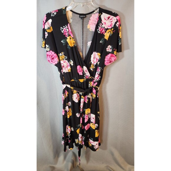 Torrid WM Black Floral Dress Wrap Front Tie Waist Coquette Prairie Cottagecore - Picture 1 of 8